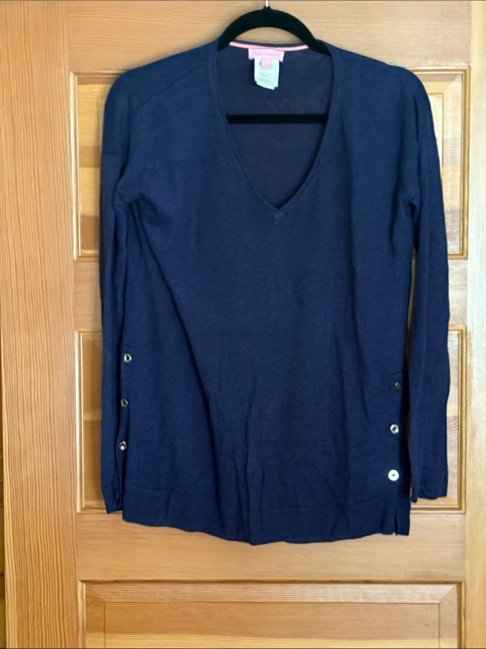 Lilly Pulitzer Navy V-Neck Long Sleeve Sweater with Side Buttons